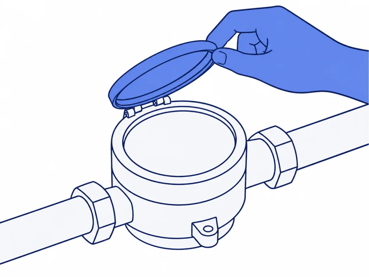 Diagram: lifting the meter register cap and wiping the glass