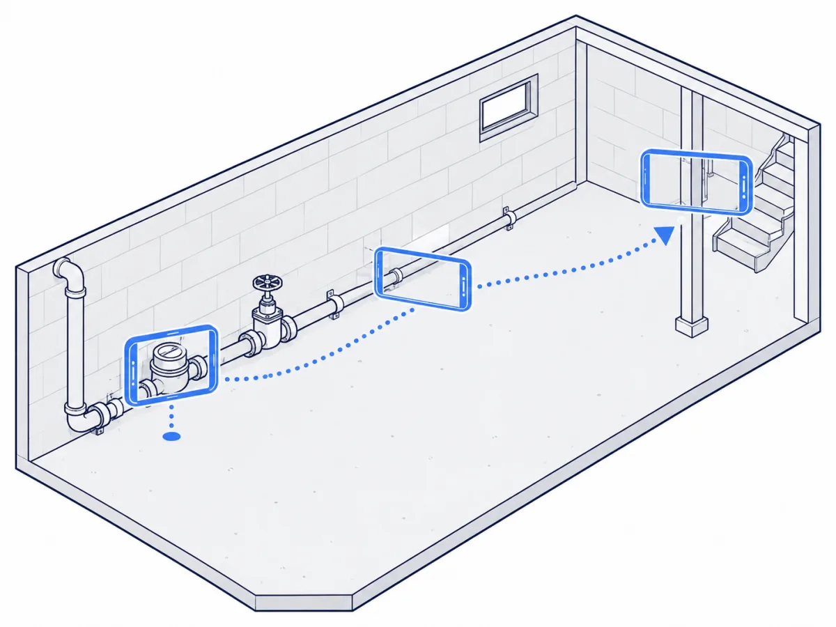 Diagram: the single video path — hold on the meter, walk the run, pan the room